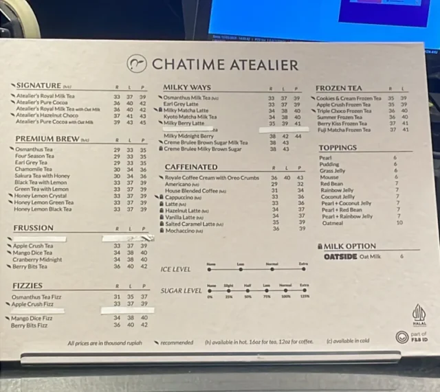 menu chatime atealier